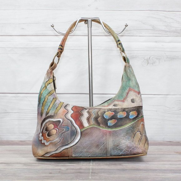 Handbags - Vintage Anuschka Multicolor Hand Painted Leather Purse Hobo Shoulder Handbag